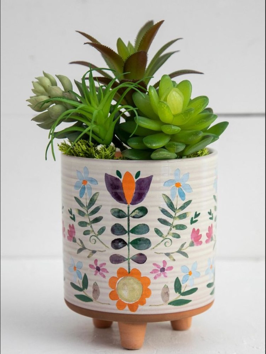 Home Lazy Suricata Decoration | Artisan Planter Cream Folk Floral