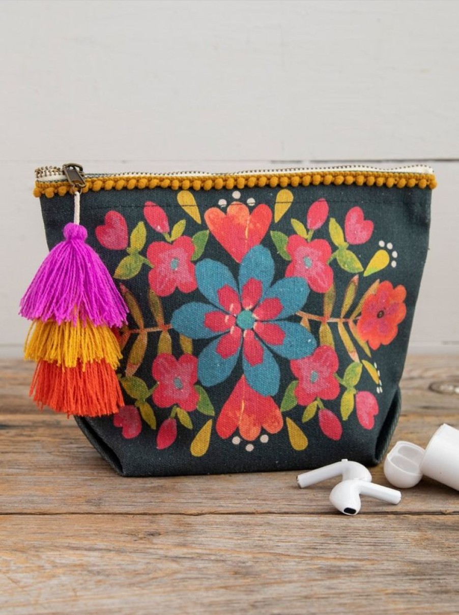 Accessories Lazy Suricata Pouches | Canvas Pouch Charcoal Folk Floral